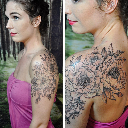 Tattoos - Split Image- Rolling Shoulder Floral. Instagram @MichaelBalesArt - 125162